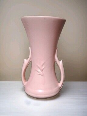 Vintage McCoy Pottery Pink  Handled Vase 8  1/2" With Raised Leaf Pattern